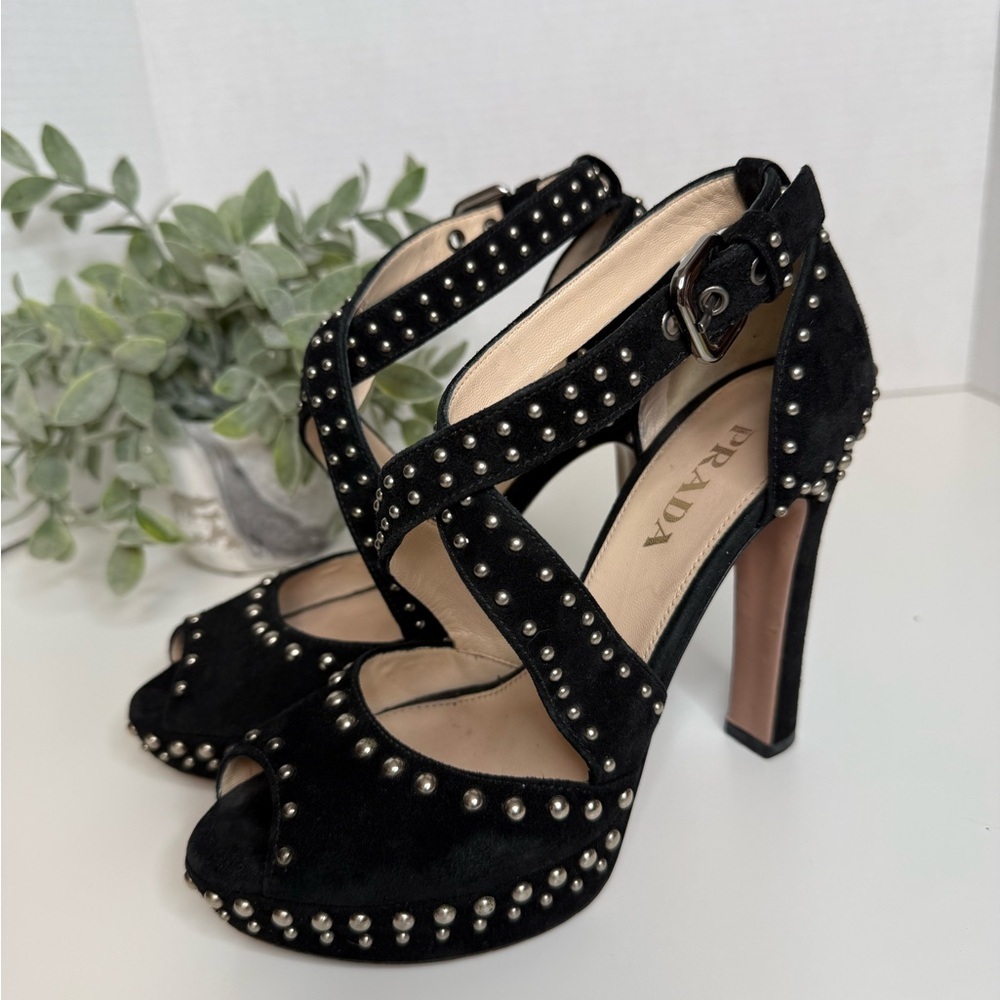Prada Black Suede Studded Cross Strap Platform Pumps Size 35 Luxury Italian Glam